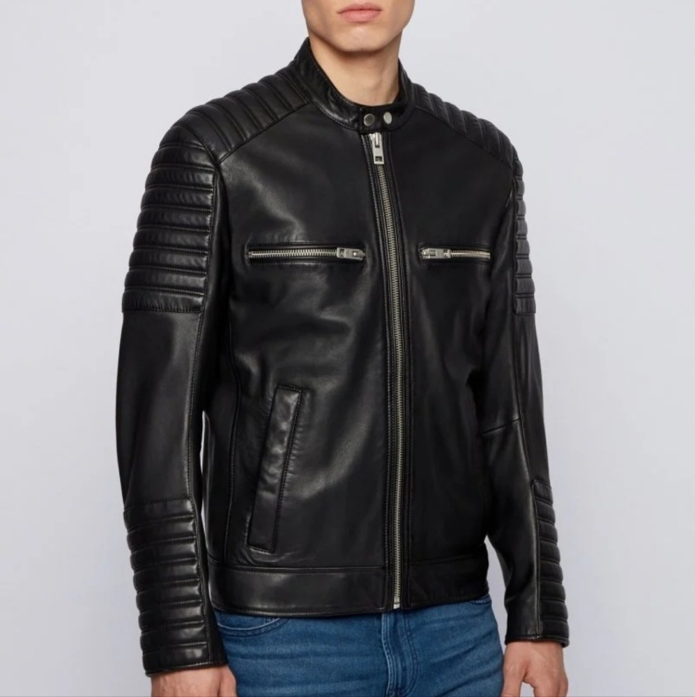 Men’s Black Leather Crew Neck Biker Jacket